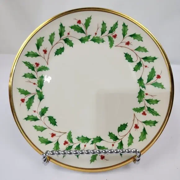 New Lenox Holiday Gold Trim Holly & Berry 8" Lunch Plate Made USA - Picture 6 of 6